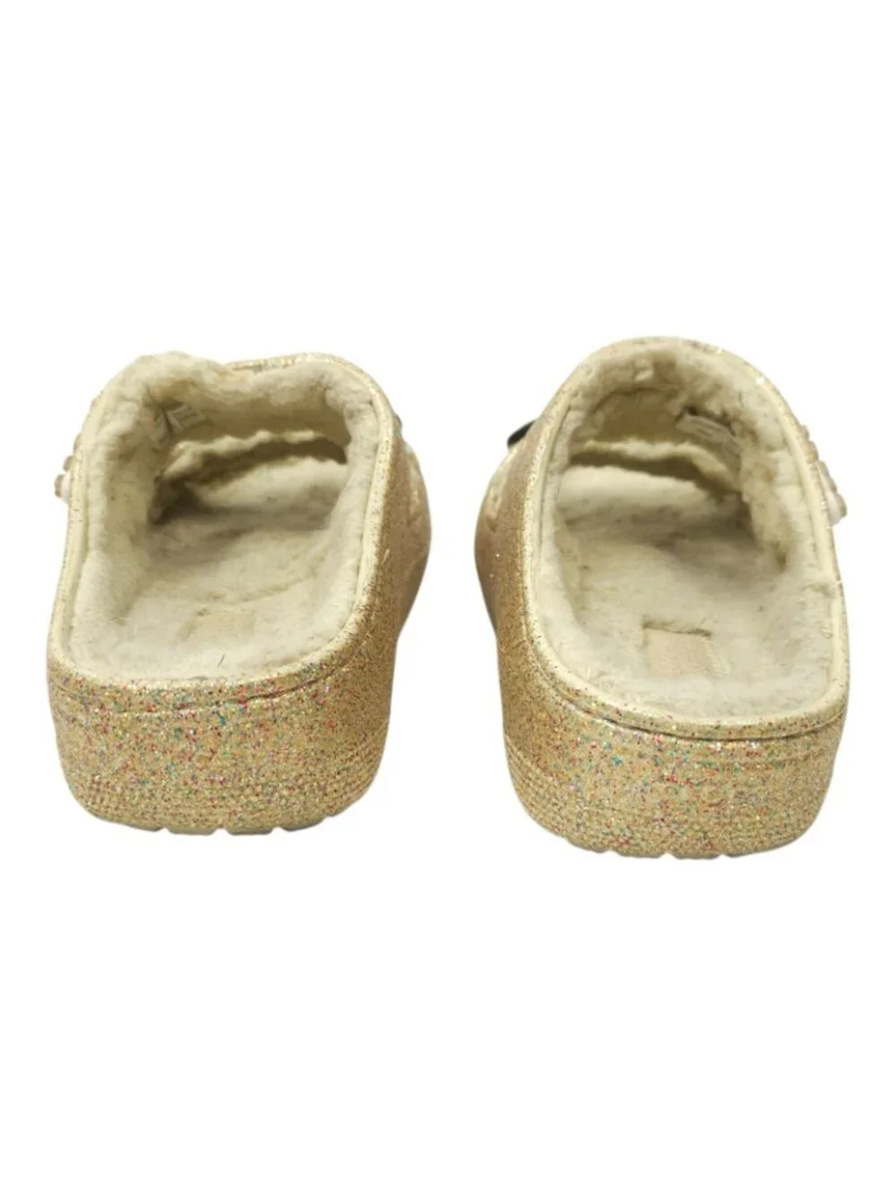 Crocs Classic Cozzzy Glitter Sandals Women 7 Gold Fuzzy Lined Slide Taco Jibbitz